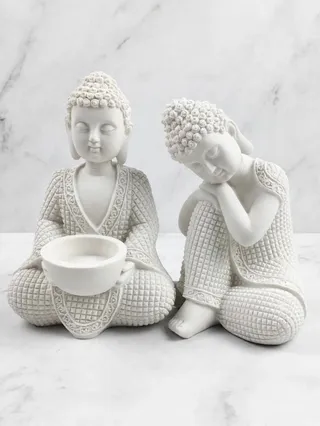 Dúo de Budas meditativos con cuenco y reposo