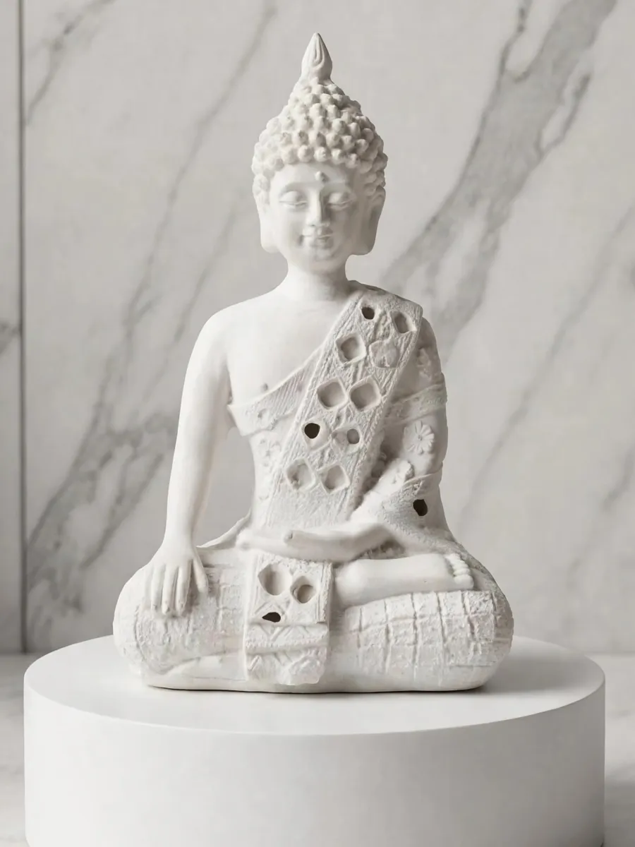 Estatua de Buda Sentado (Túnica Perforada) — Relieve de marmolina