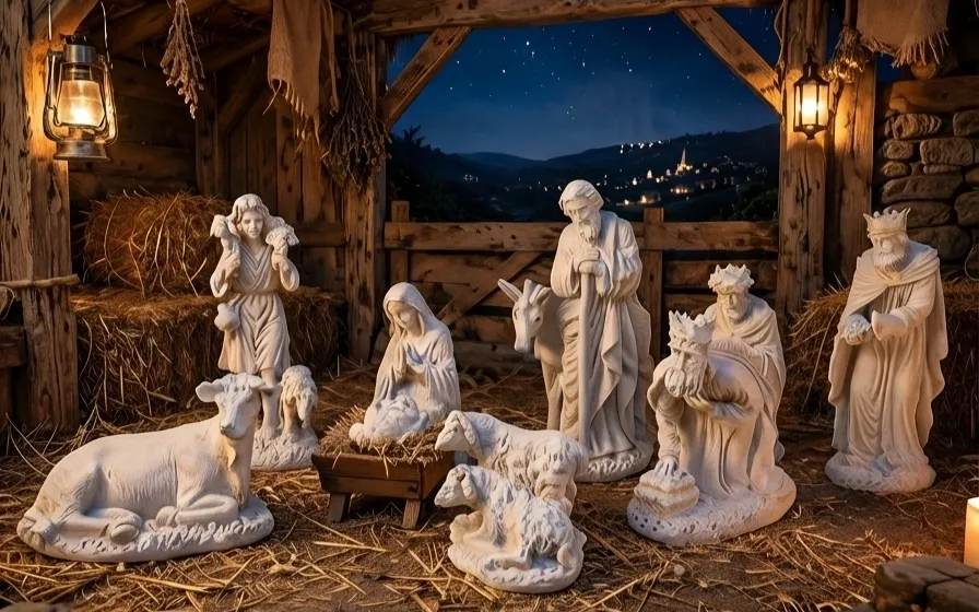 Nacimiento en Portal Rústico - Pieza de navidad en marmolina